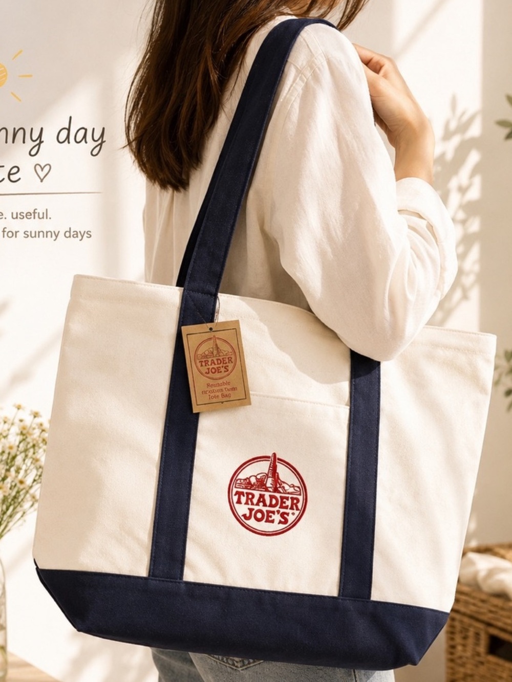 Trader Joe's Large Reusable Cotton Canvas Tote Bag Navy & Natural NWT